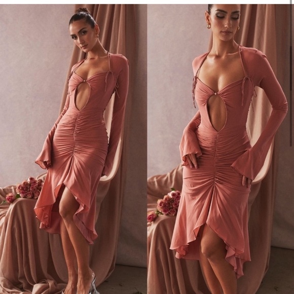 HOUSE OF CB 'Reine' Rose Real Silk Ruffle Midi Dress - Picture 4 of 13